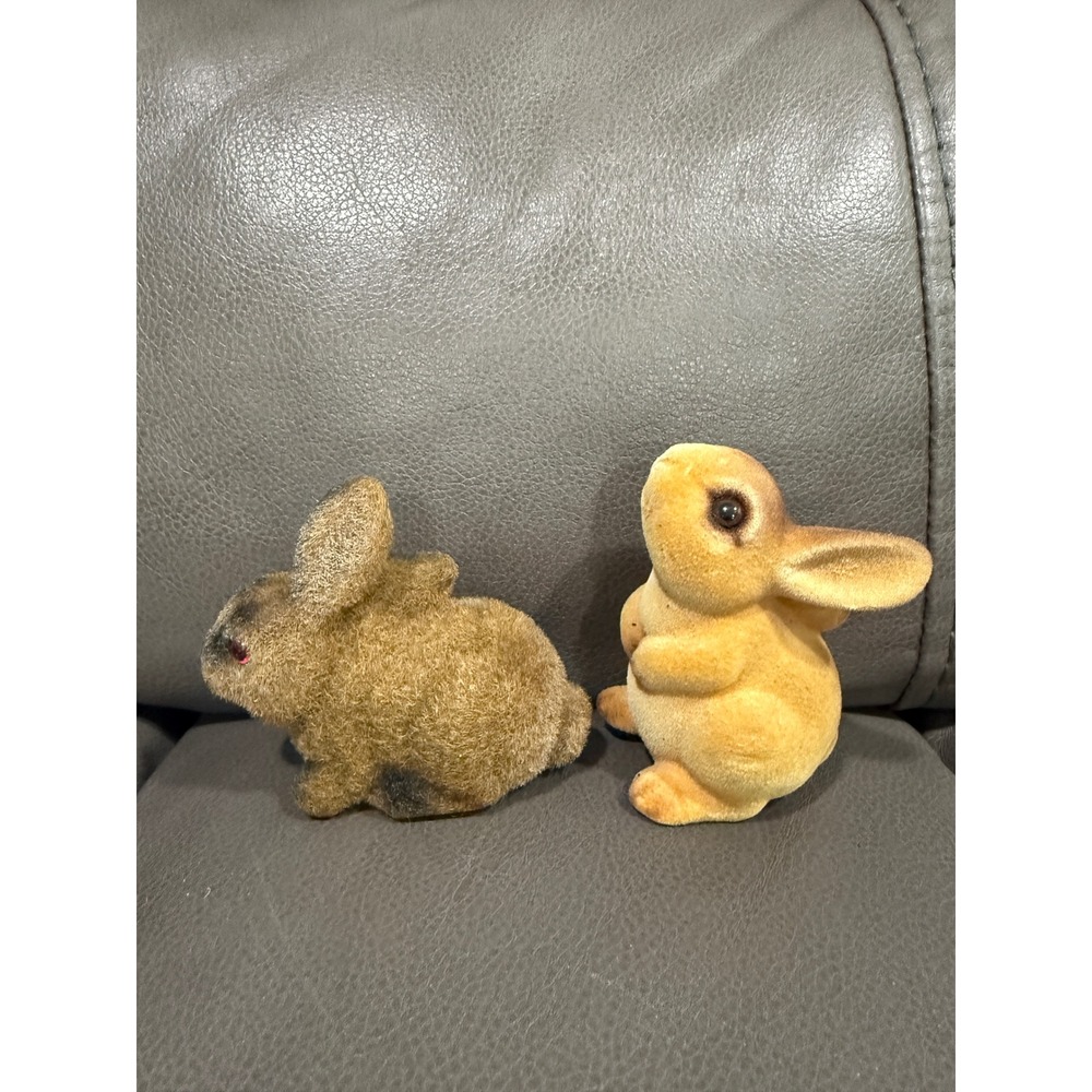 Vintage George Good Japan Flocked Bunny Rabbit Figurines Set of 2 Tan Brown